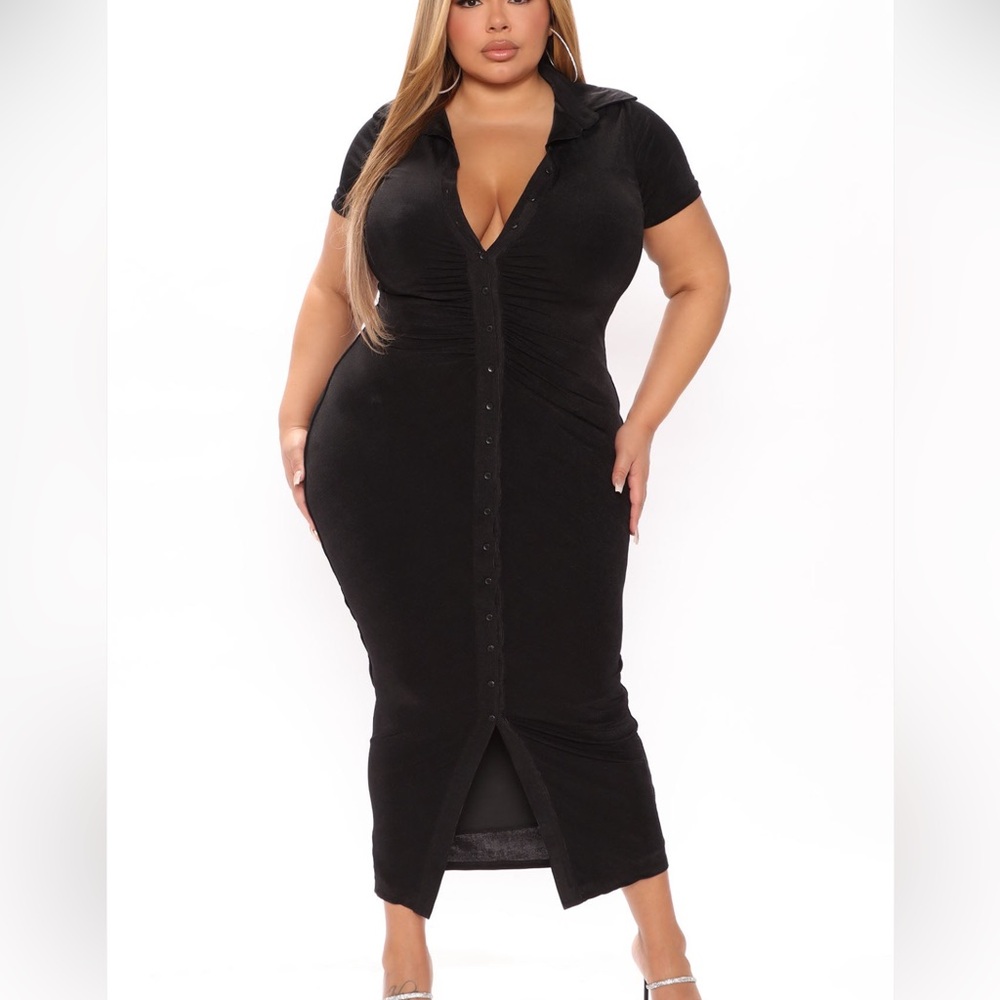 Fashion Nova Black Button-Down Midi Dress